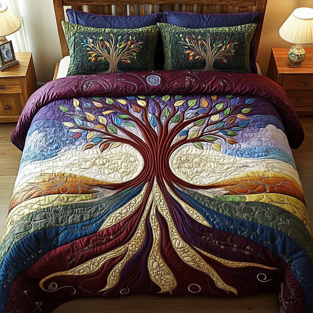 Verdant Dreams quilted 3-piece bedding set on a made bed with two matching pillow shams