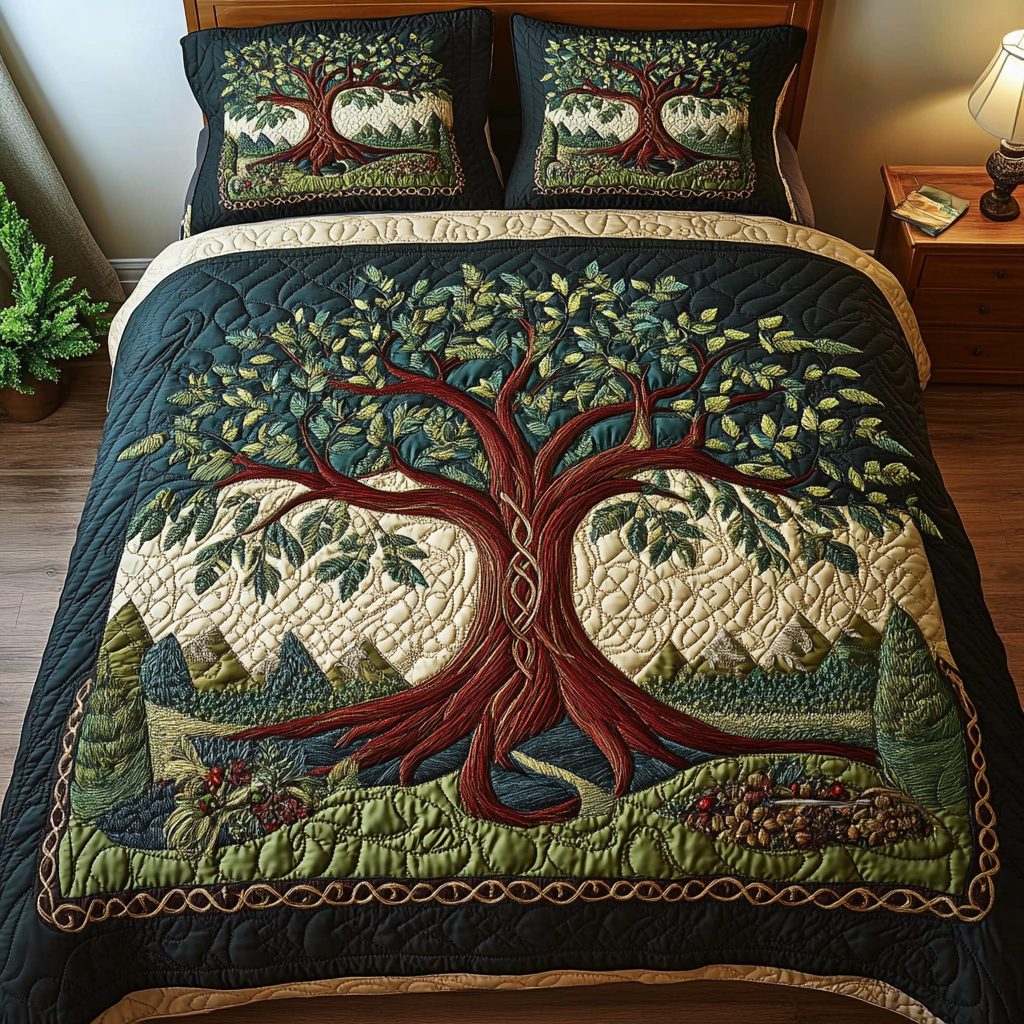Verdant Dreams quilted 3-piece bedding set on a made bed with two matching pillow shams