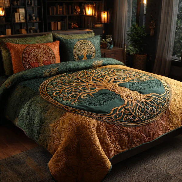 Verdant Knot quilted 3-piece bedding set on a made bed with two matching pillow shams
