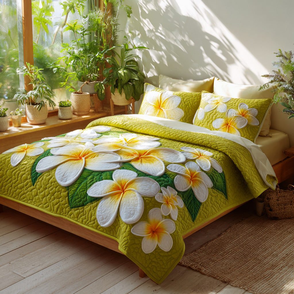 Verdant Petal quilted 3-piece bedding set on a made bed with two matching pillow shams