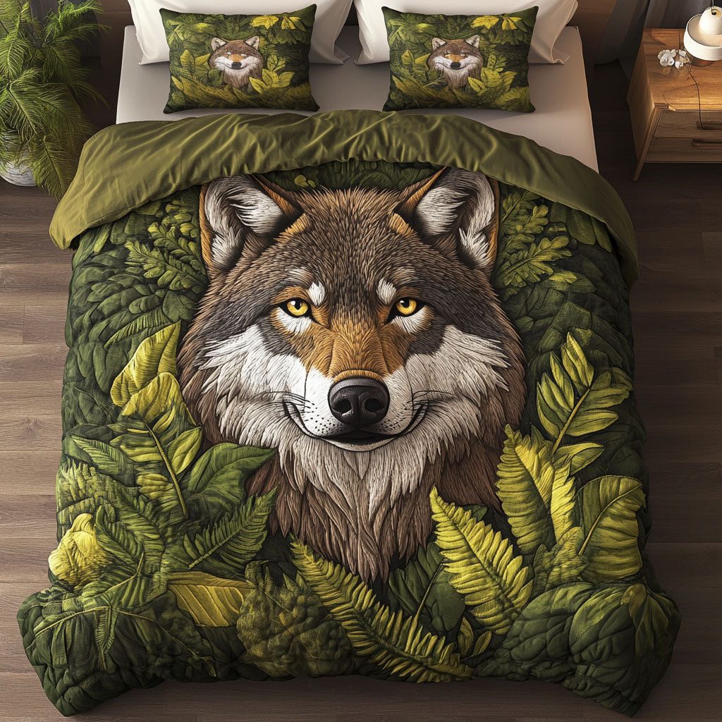 Verdant Wolf quilted 3-piece bedding set on a made bed with two matching pillow shams