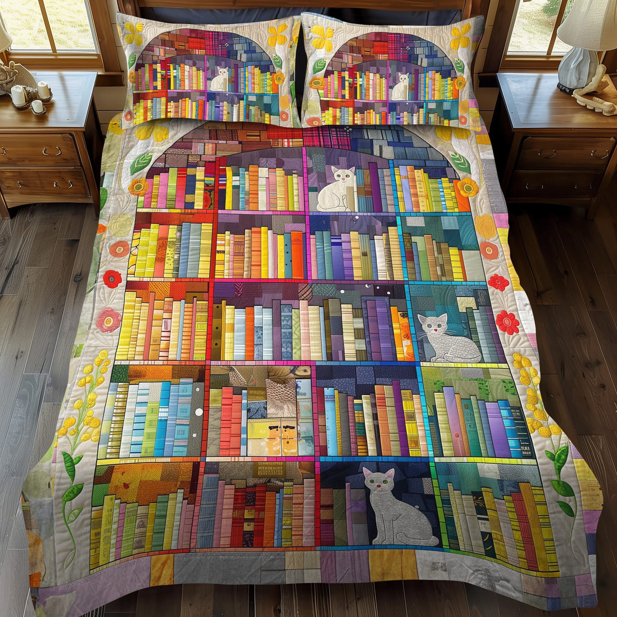 Verse Vista quilted 3-piece bedding set on a made bed in a softly lit bedroom