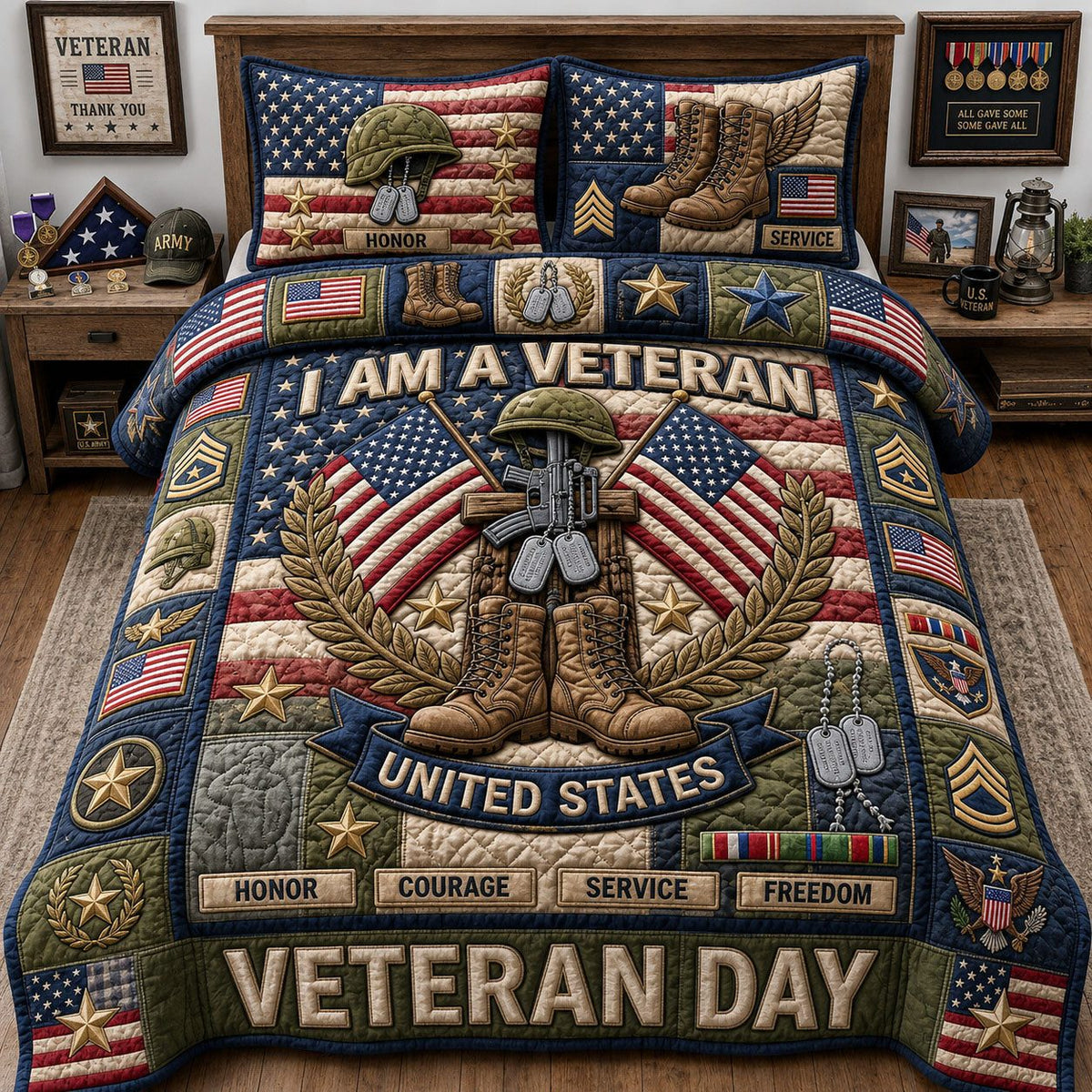 Veteran Day quilted 3-piece bedding set on a made bed in a warmly lit bedroom
