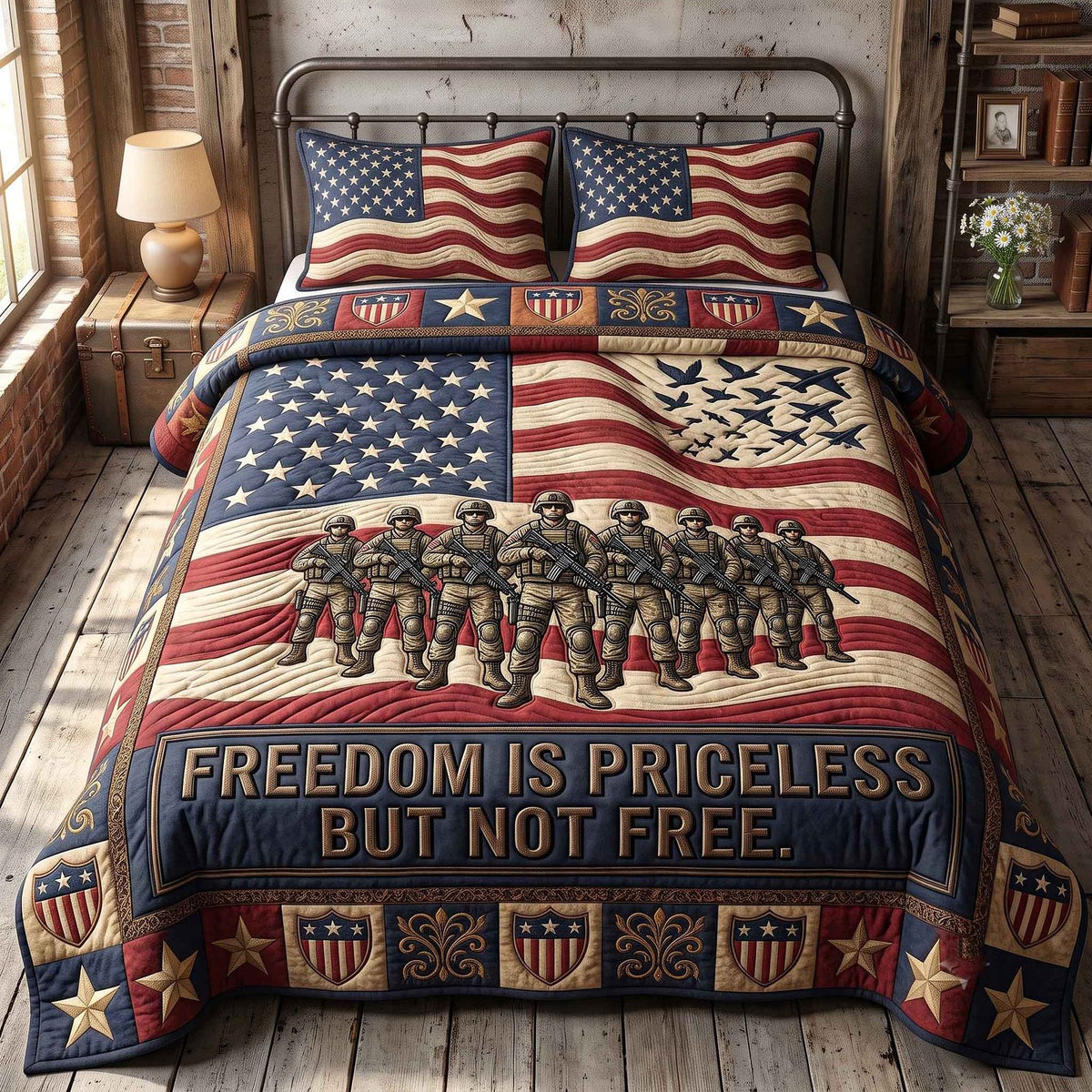 Veteran Pride quilted 3-piece bedding set on a made bed in a warmly lit bedroom