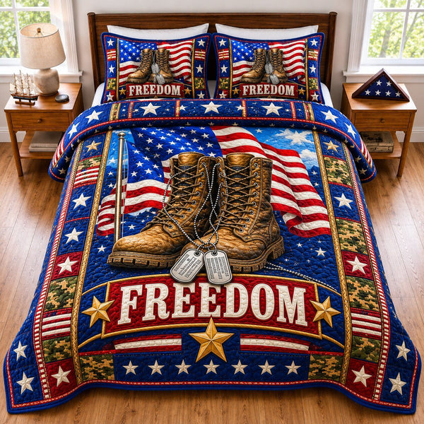 Veterans Brave Heart quilted 3-piece bedding set on a made bed in a warmly lit bedroom
