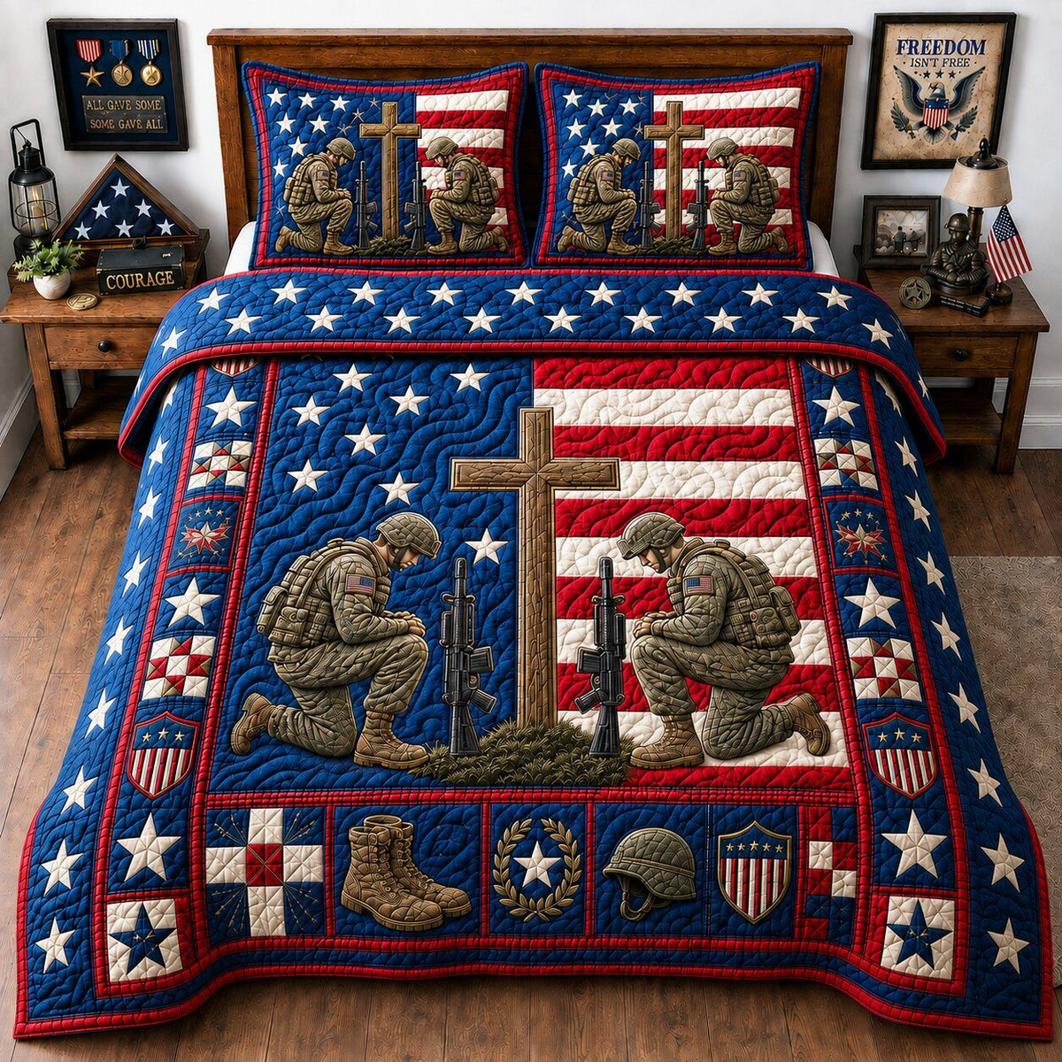 Veterans Proud Path quilted 3-piece bedding set on a made bed in a warmly lit bedroom