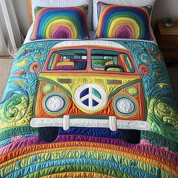 Vibes Van quilted 3-piece bedding set on a made bed with two matching pillow shams