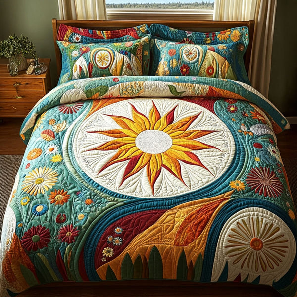 Vibrant Aura quilted 3-piece bedding set on a made bed with two matching pillow shams