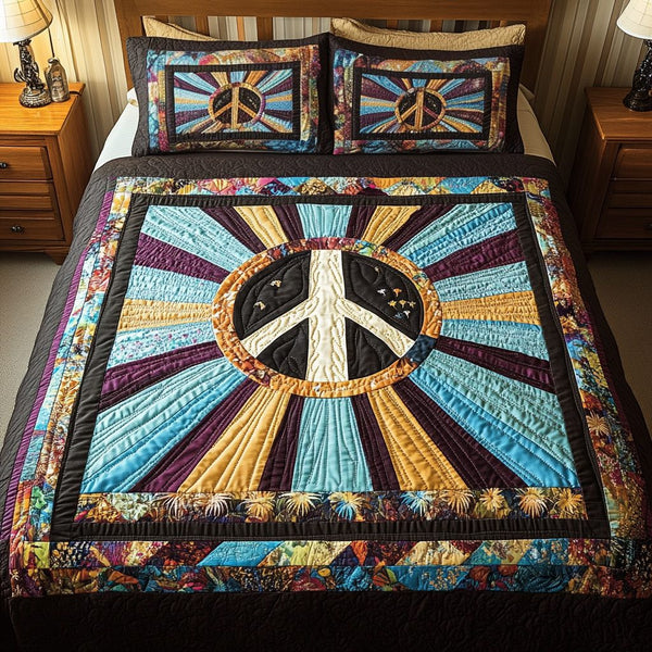 Vibrant Bliss quilted 3-piece bedding set on a made bed with two matching pillow shams