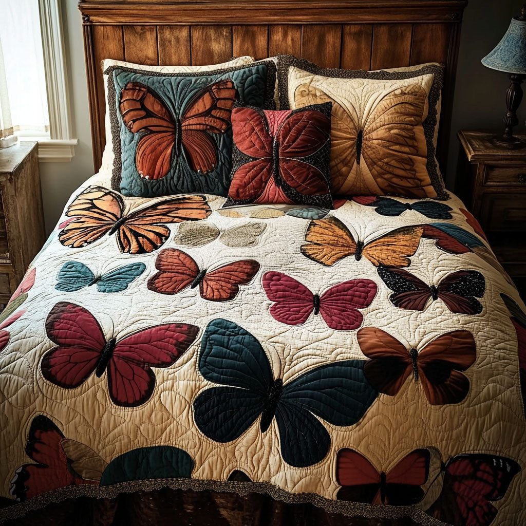 Vibrant Butterflies quilted 3-piece bedding set on a made bed with two matching pillow shams