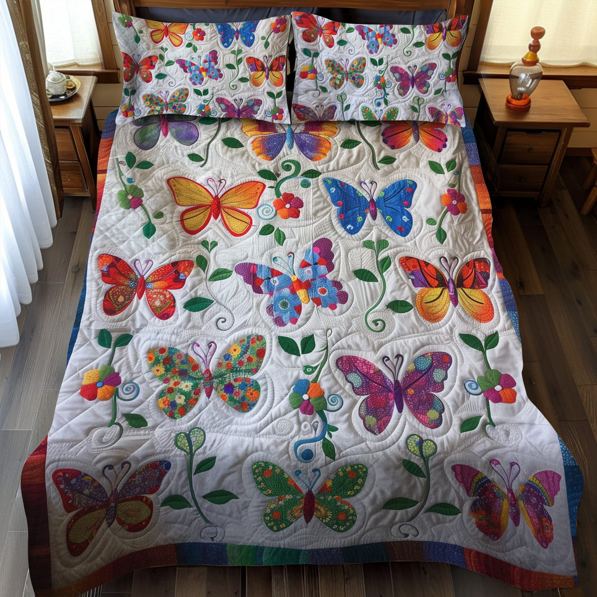 Vibrant Butterflies quilted 3-piece bedding set on a made bed with two matching pillow shams