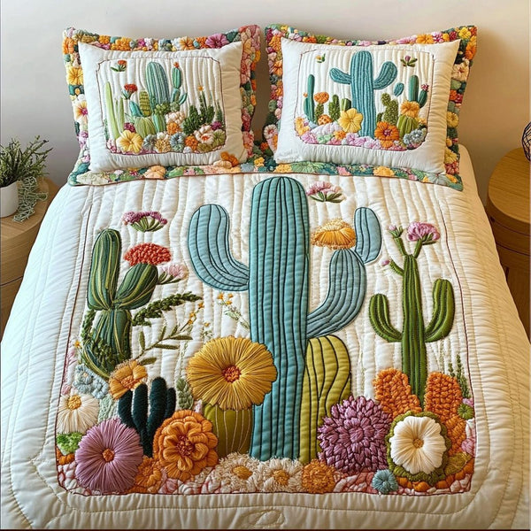Vibrant Cactus Scene quilted 3-piece bedding set on a made bed with two matching pillow shams