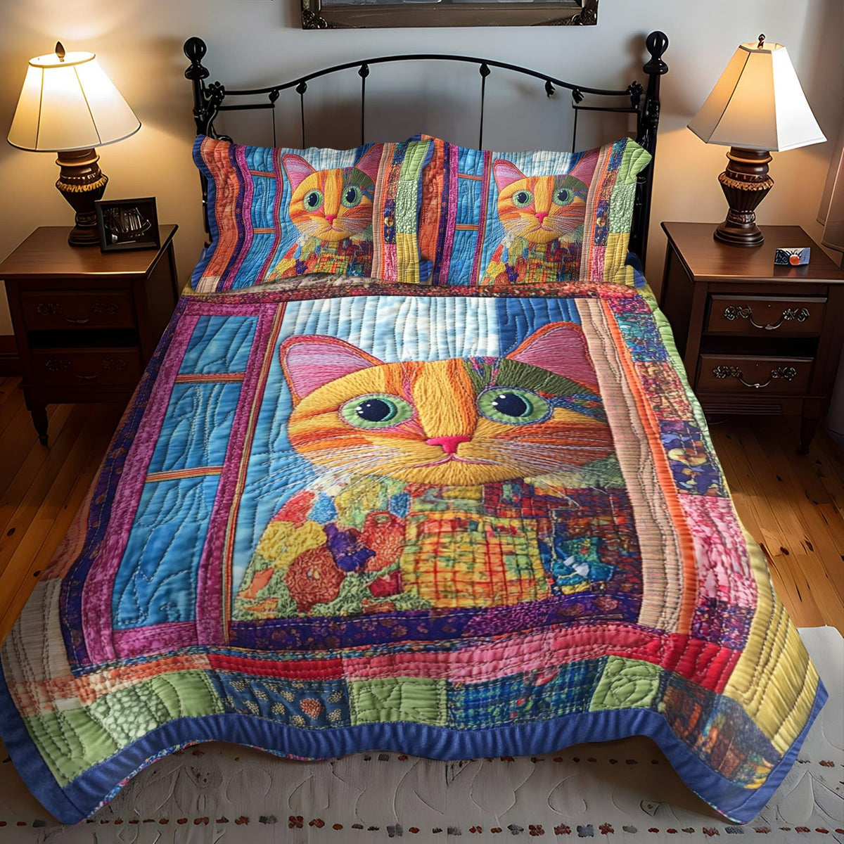 Vibrant Cat Peeking quilted 3-piece bedding set on a made bed with two matching pillow shams