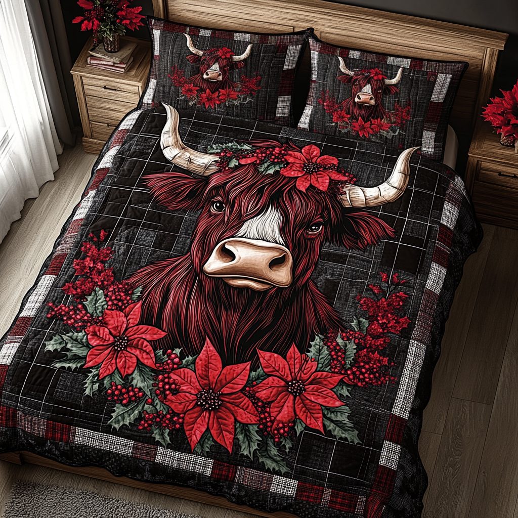 Vibrant Cow quilted 3-piece bedding set on a made bed with two matching pillow shams