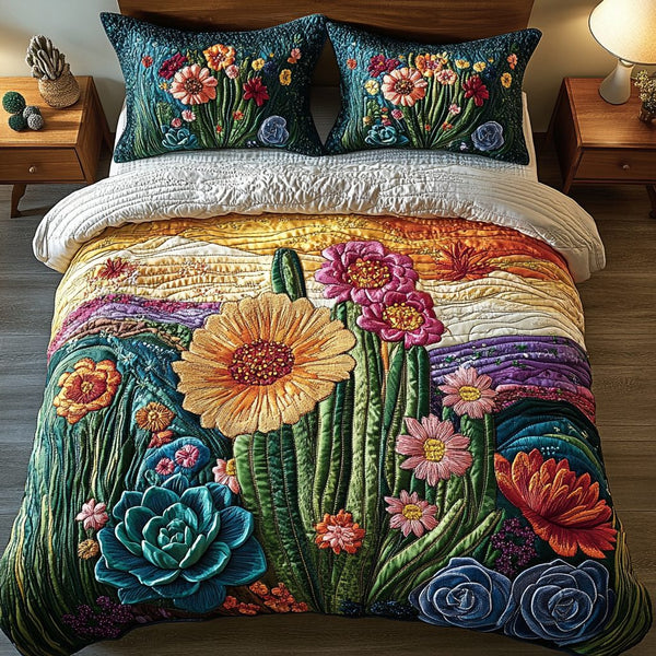 Vibrant Desert Dreams quilted 3-piece bedding set on a made bed with two matching pillow shams