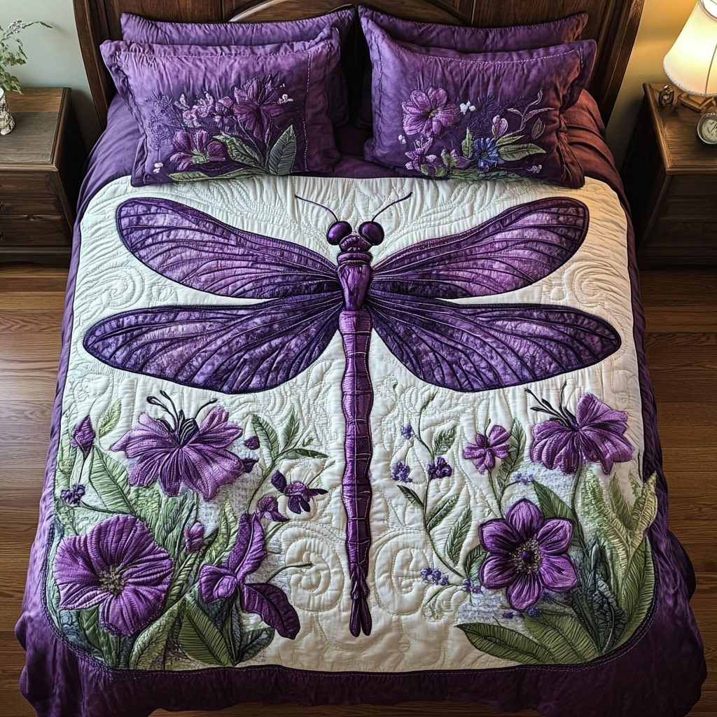 Vibrant Dragonfly quilted 3-piece bedding set on a made bed with two matching pillow shams