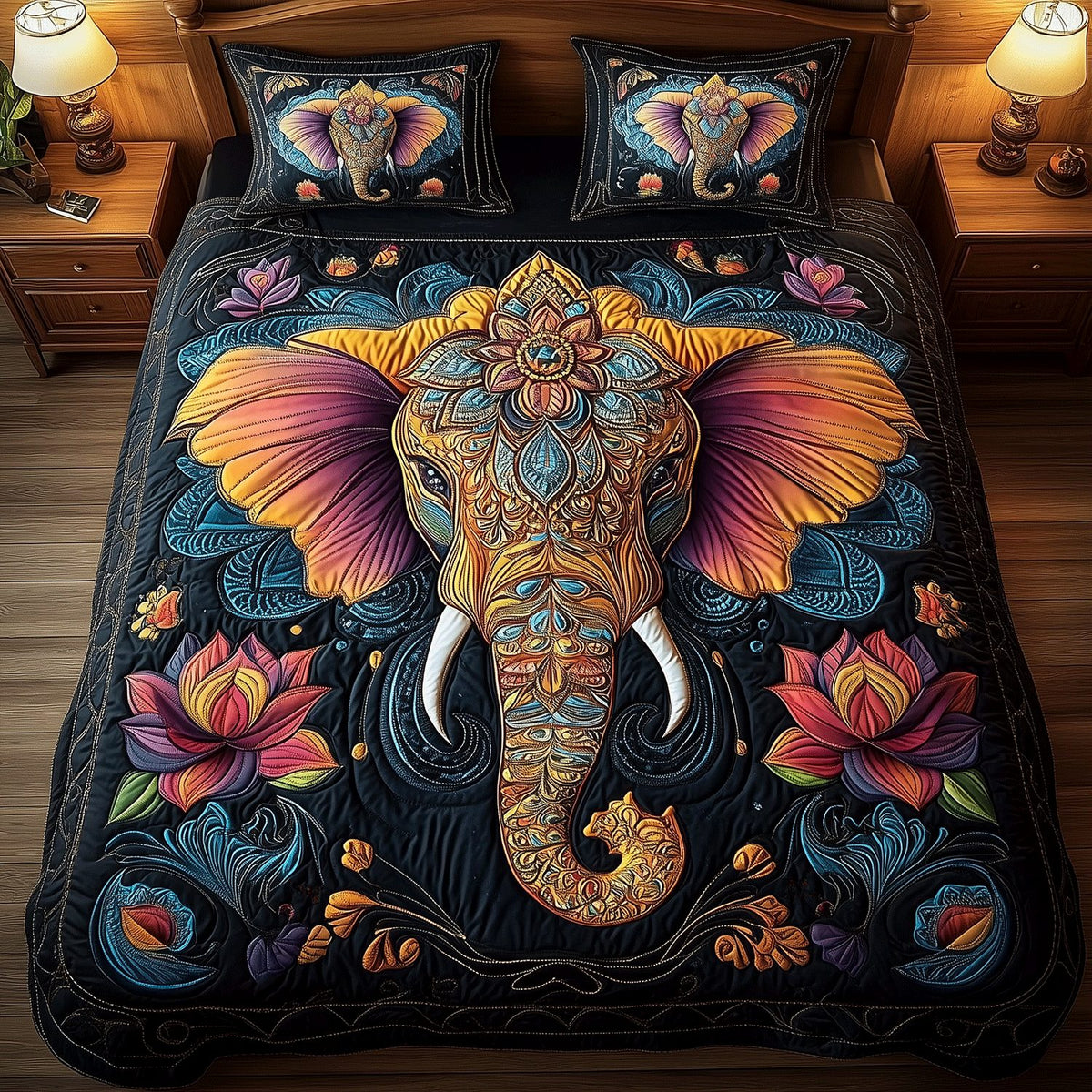 Vibrant Elephant Elegance quilted 3-piece bedding set on a made bed with two matching pillow shams
