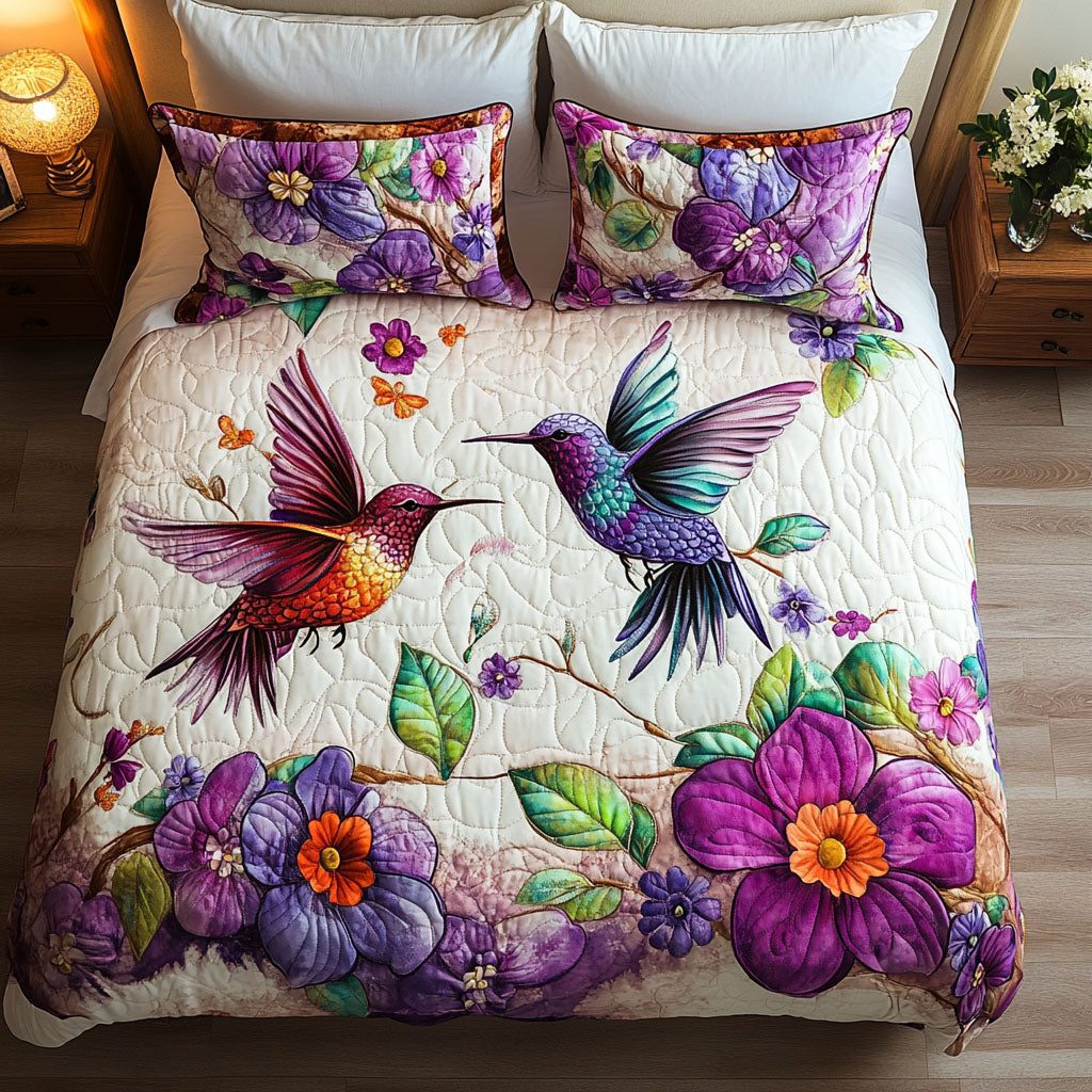 Vibrant Encounter quilted 3-piece bedding set on a made bed with two matching pillow shams