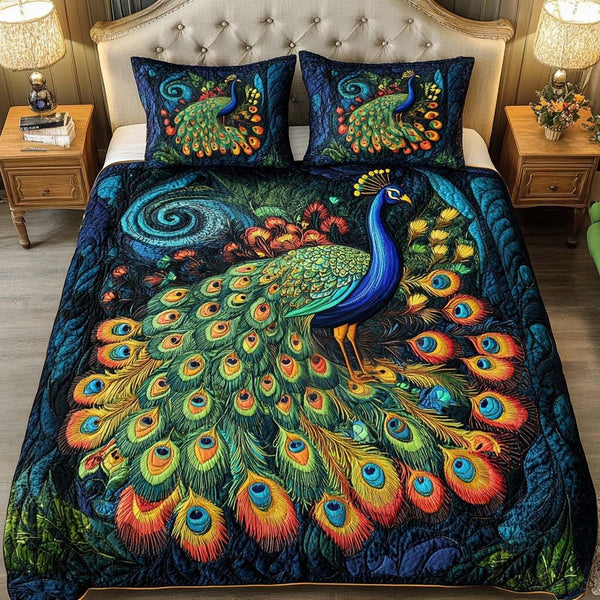 Vibrant Feather Whirl quilted 3-piece bedding set on a made bed with two matching pillow shams