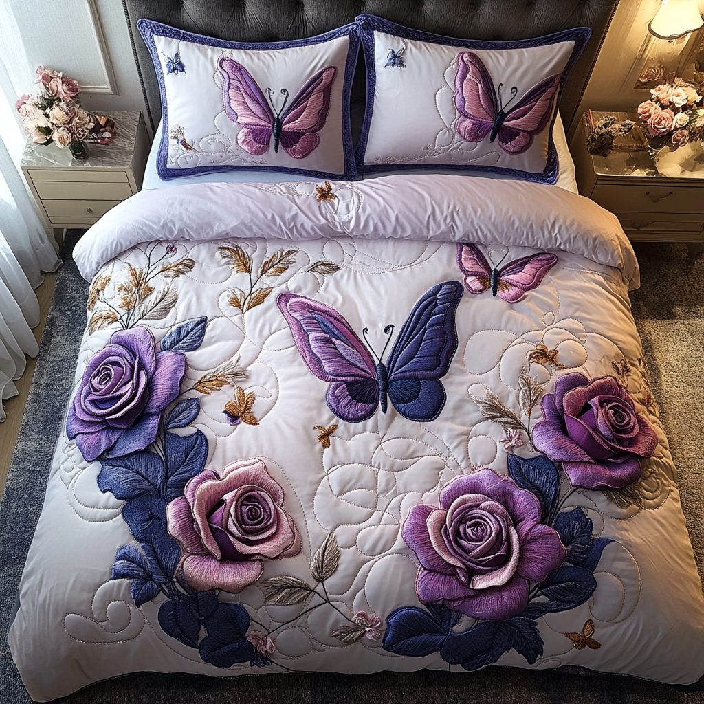 Vibrant Flutter quilted 3-piece bedding set on a made bed with two matching pillow shams