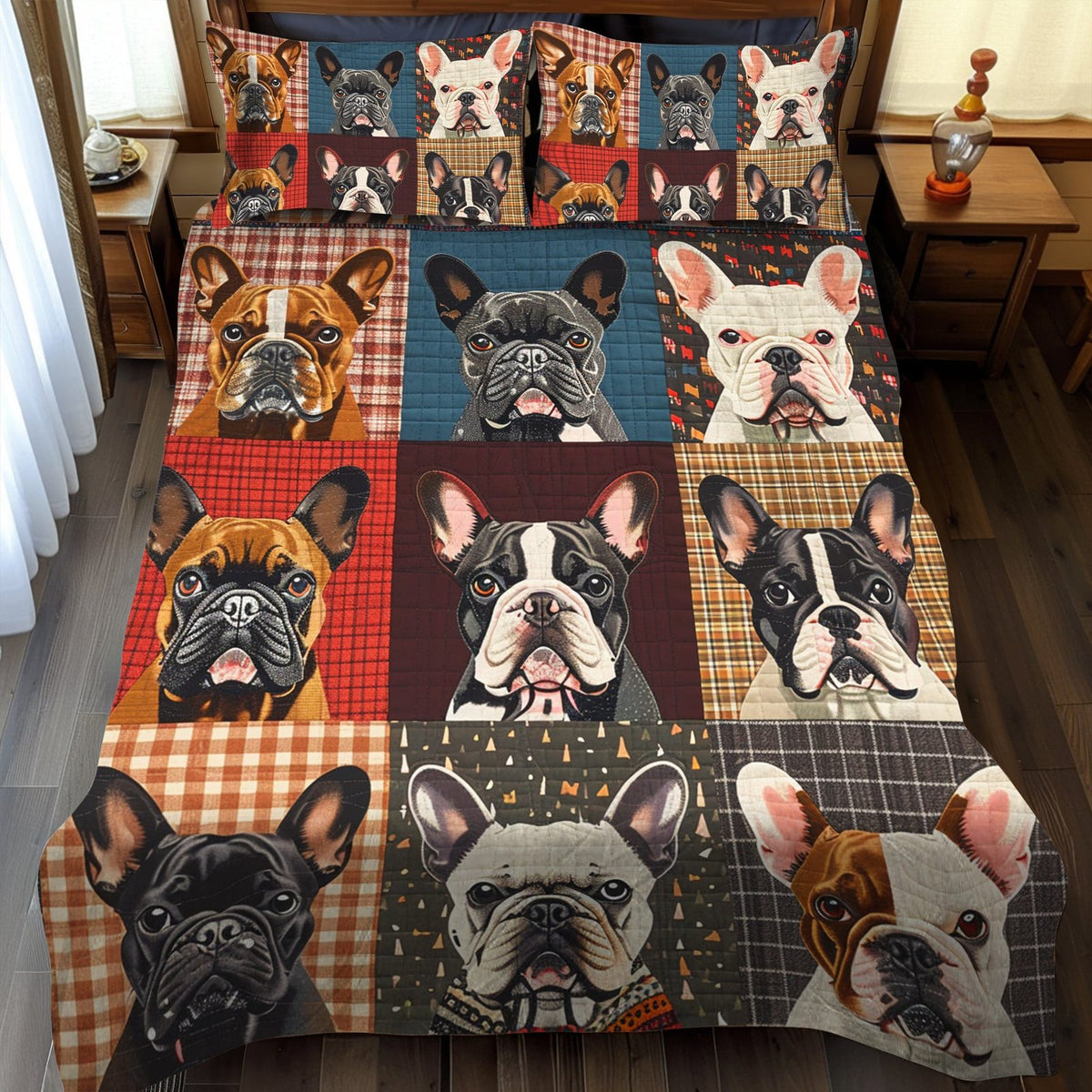 Vibrant Frenchie Faces quilted 3-piece bedding set on a made bed with two matching pillow shams