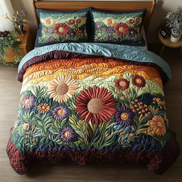 Vibrant Garden quilted 3-piece bedding set on a made bed with two matching pillow shams