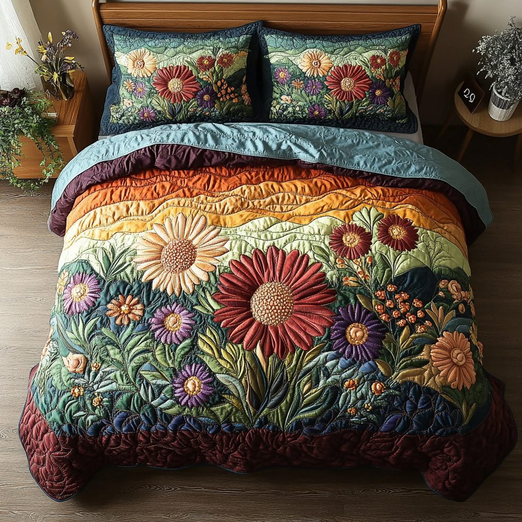 Vibrant Garden quilted 3-piece bedding set on a made bed with two matching pillow shams
