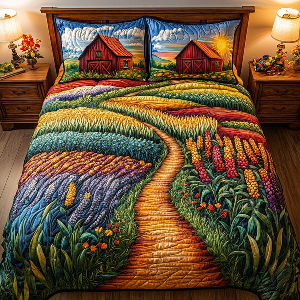 Vibrant Harvest Trails quilted 3-piece bedding set on a made bed with two matching pillow shams