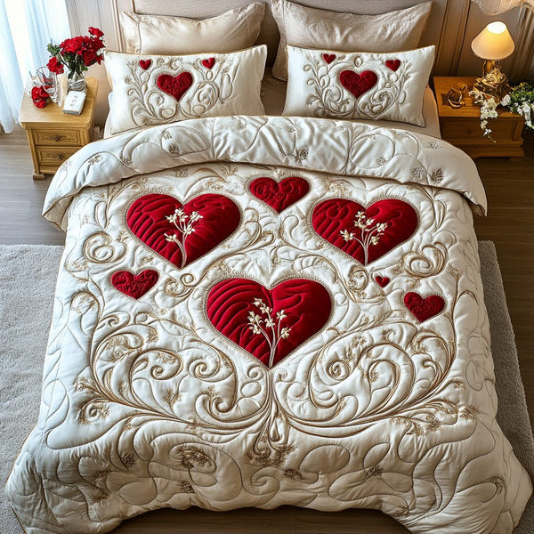 Vibrant Hearts quilted 3-piece bedding set on a made bed with two matching pillow shams