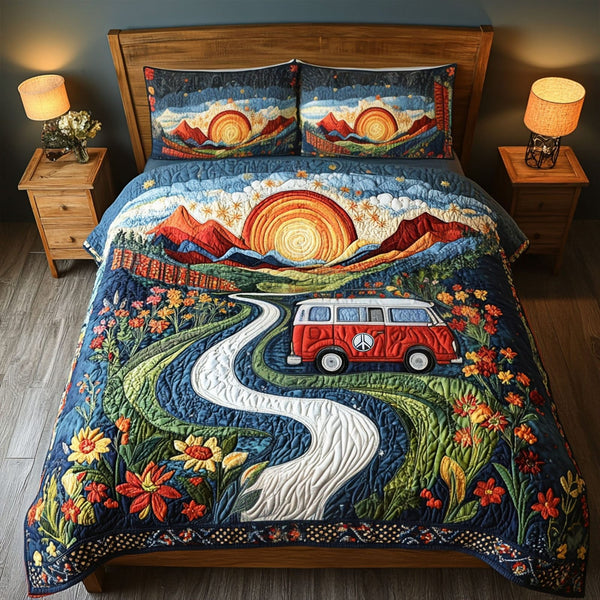 Vibrant Hillside Van quilted 3-piece bedding set on a made bed with two matching pillow shams