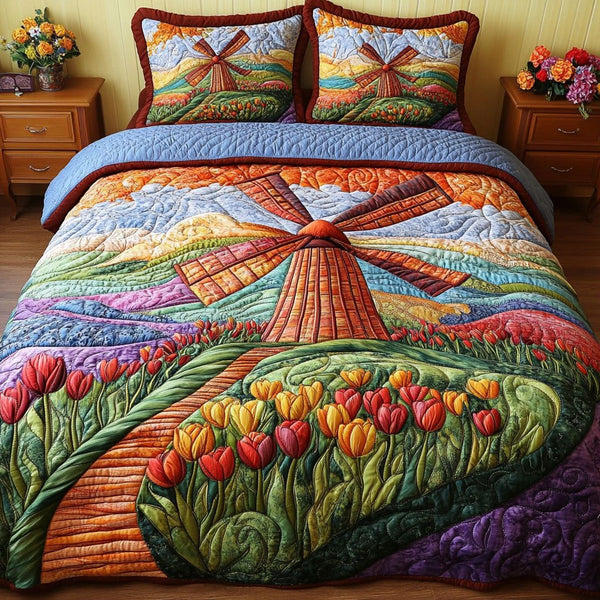 Vibrant Horizons quilted 3-piece bedding set on a made bed with two matching pillow shams