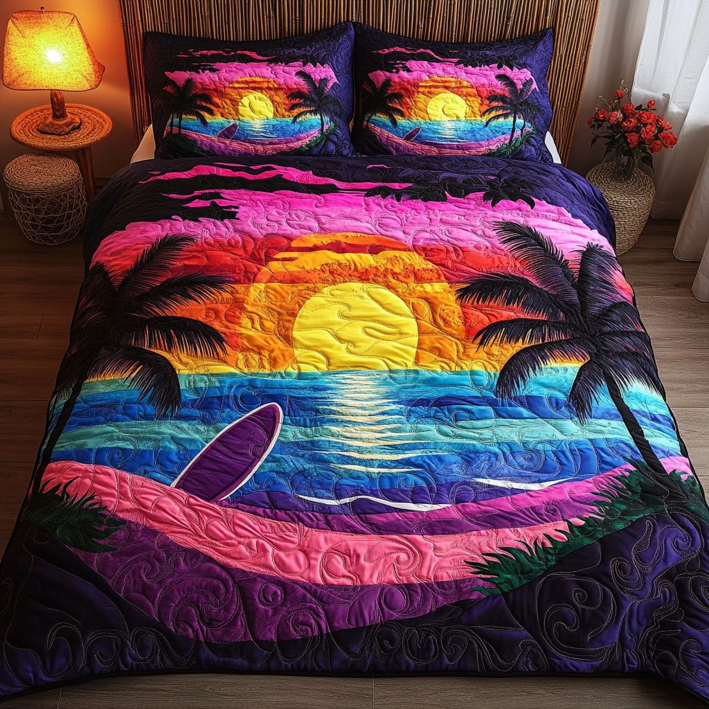 Vibrant Horizons quilted 3-piece bedding set on a made bed with two matching pillow shams