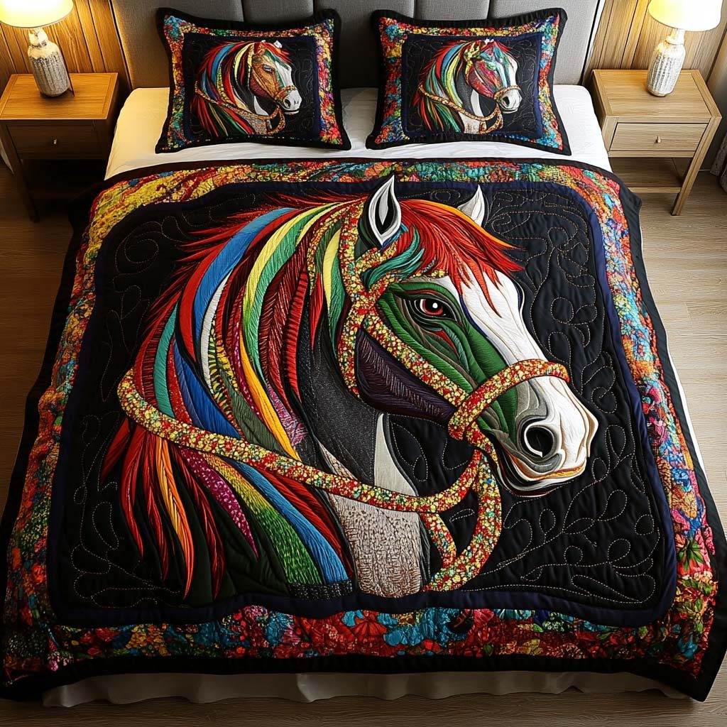 Vibrant Mane quilted 3-piece bedding set on a made bed with two matching pillow shams