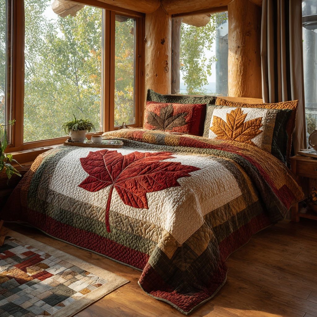 Vibrant Maple Crest quilted 3-piece bedding set on a made bed with two matching pillow shams
