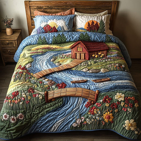 Vibrant Meadow Escape quilted 3-piece bedding set on a made bed with two matching pillow shams