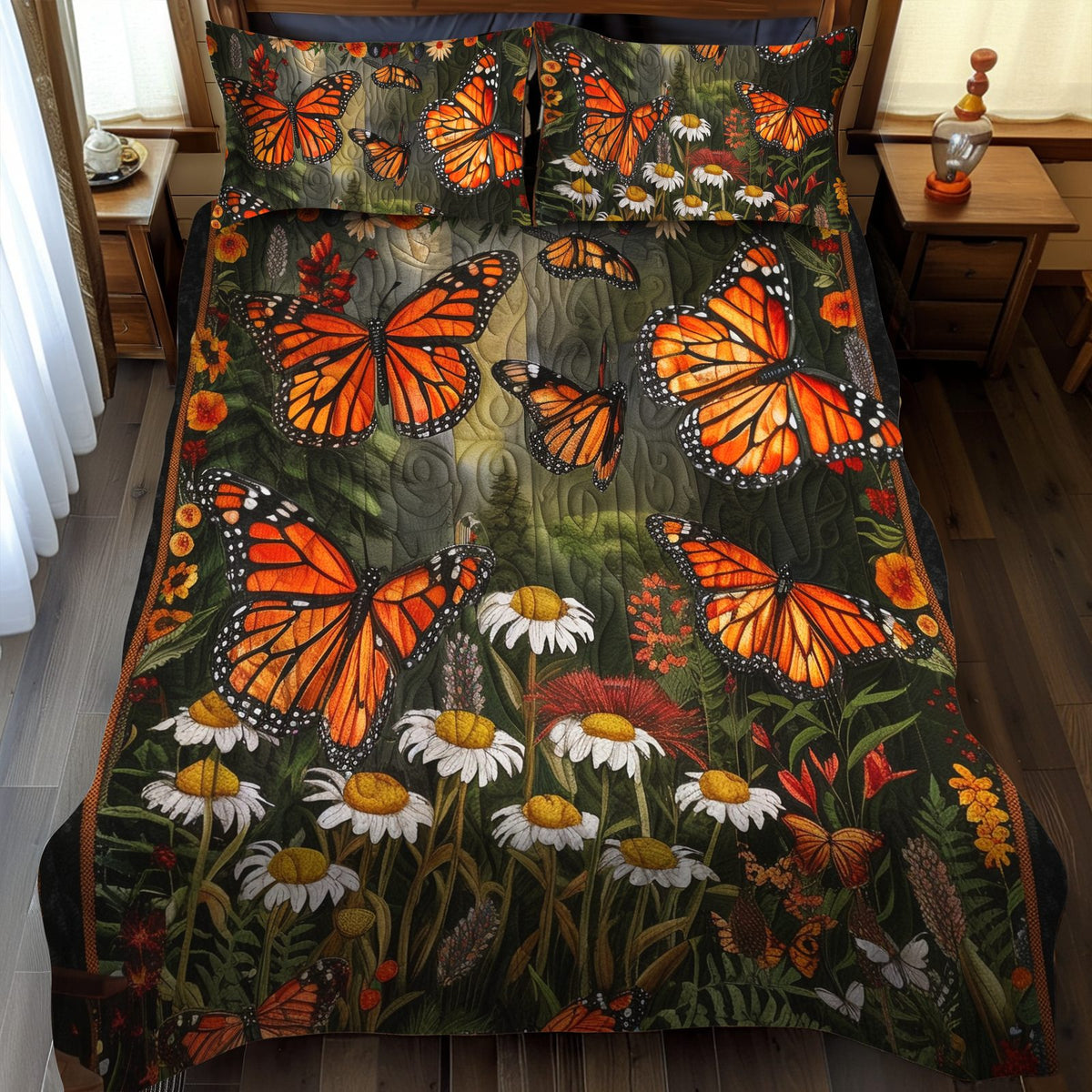 Vibrant Monarch Butterflies quilted 3-piece bedding set on a made bed with two matching pillow shams