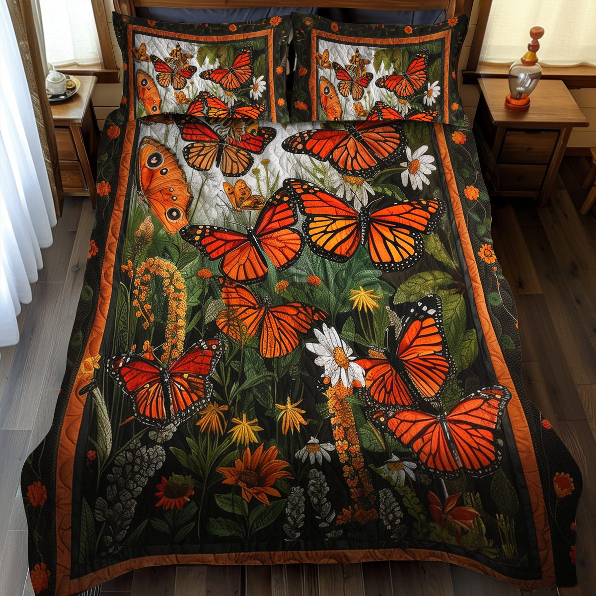 Vibrant Monarch Butterflies quilted 3-piece bedding set on a made bed with two matching pillow shams