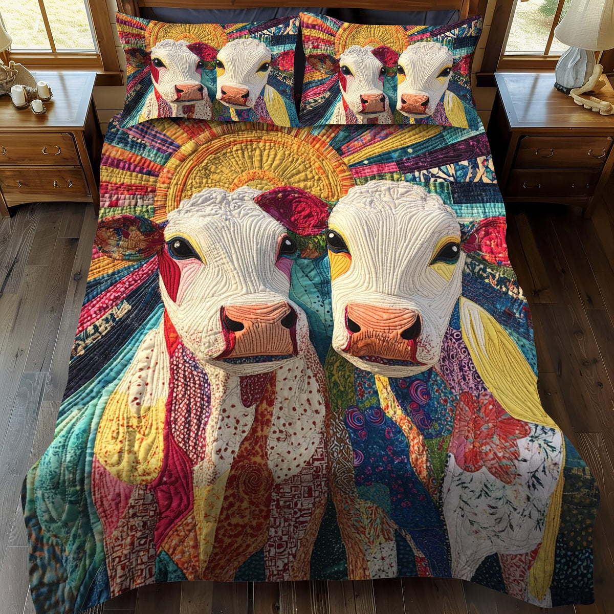 Vibrant Moo quilted 3-piece bedding set on a made bed with two matching pillow shams