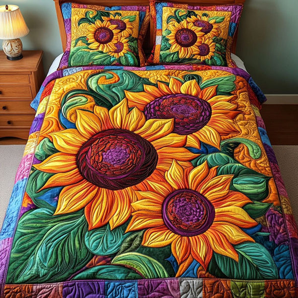 Vibrant Petals quilted 3-piece bedding set on a made bed with two matching pillow shams