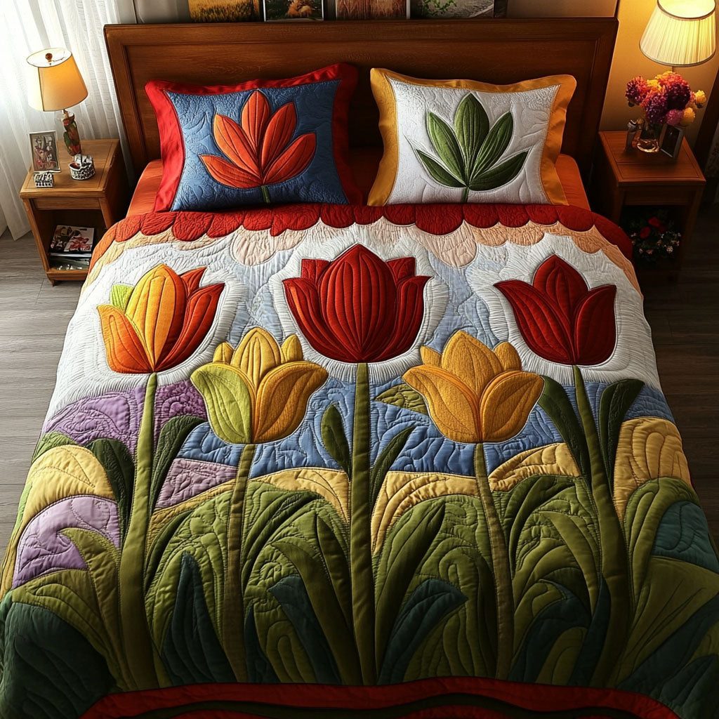 Vibrant Petals quilted 3-piece bedding set on a made bed with two matching pillow shams