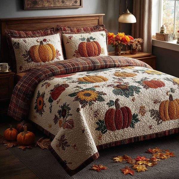 Vibrant Pumpkin Patch quilted 3-piece bedding set on a made bed against a dark styled interior
