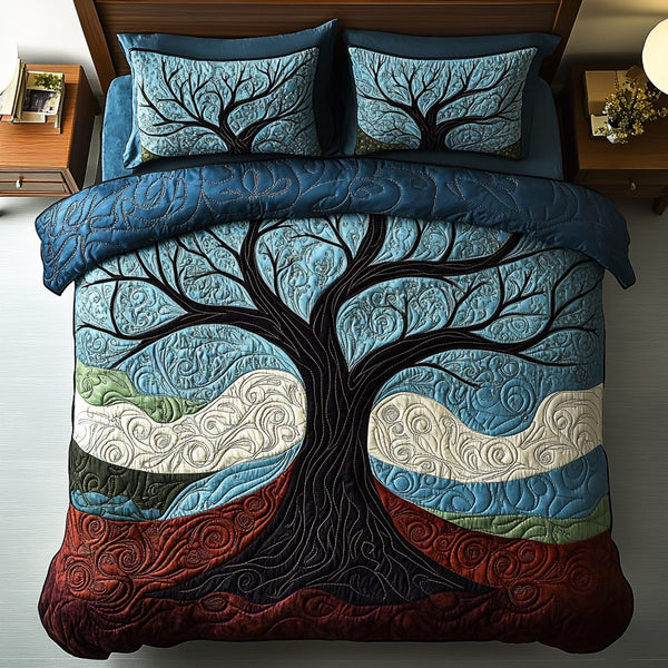 Vibrant Roots quilted 3-piece bedding set on a made bed with two matching pillow shams