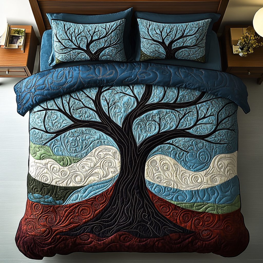 Vibrant Roots quilted 3-piece bedding set on a made bed with two matching pillow shams