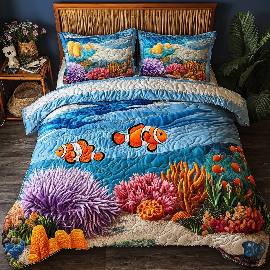 Vibrant Seas quilted 3-piece bedding set on a made bed with two matching pillow shams