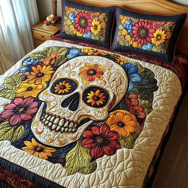 Vibrant Skull quilted 3-piece bedding set on a made bed against a dark styled interior