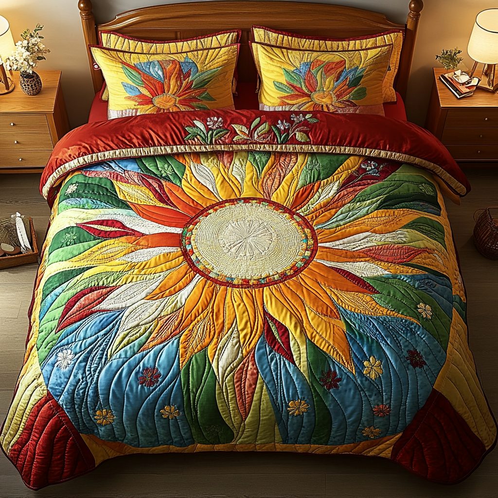 Vibrant Sunflower Glow quilted 3-piece bedding set on a made bed with two matching pillow shams