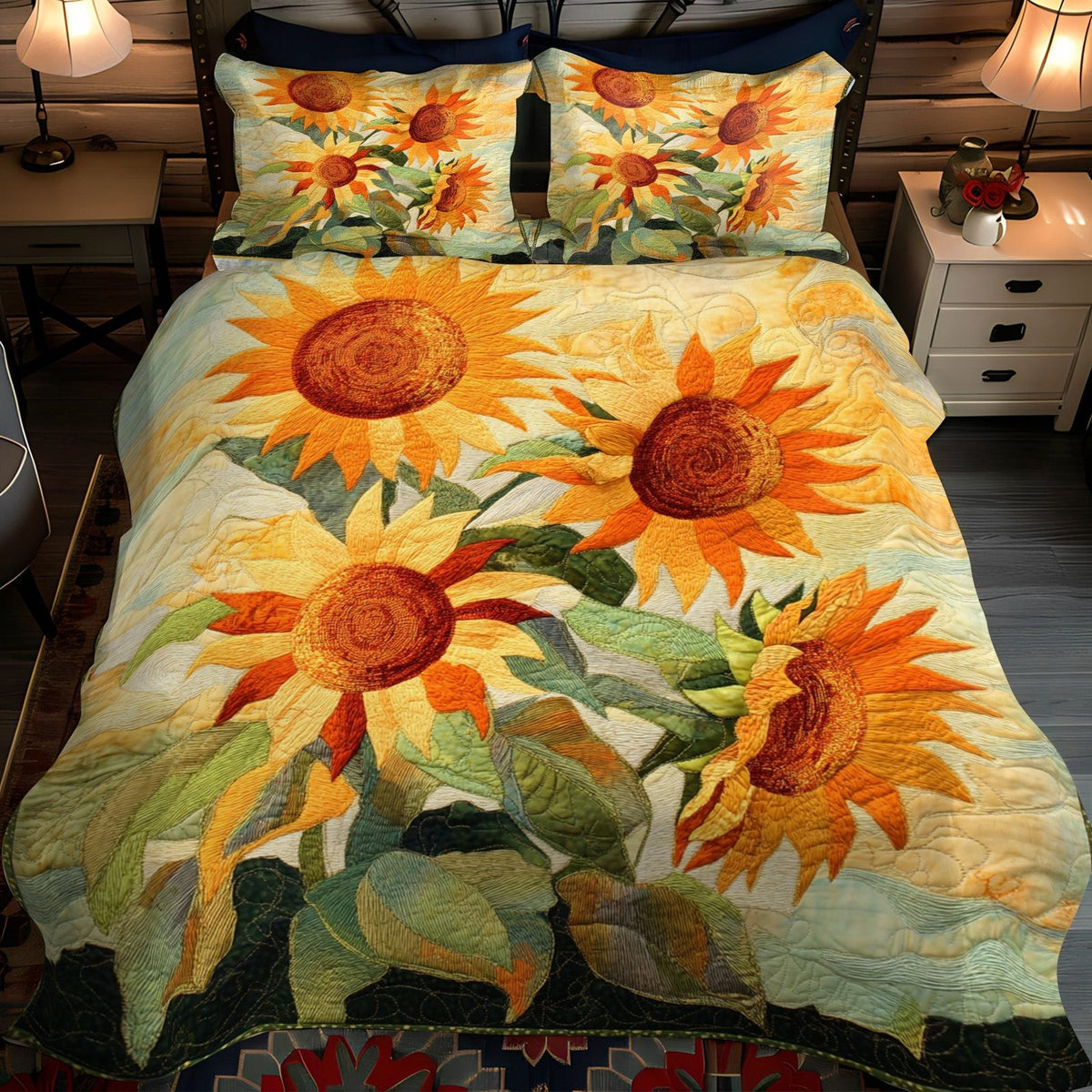 Vibrant Sunflowers quilted 3-piece bedding set on a made bed with two matching pillow shams