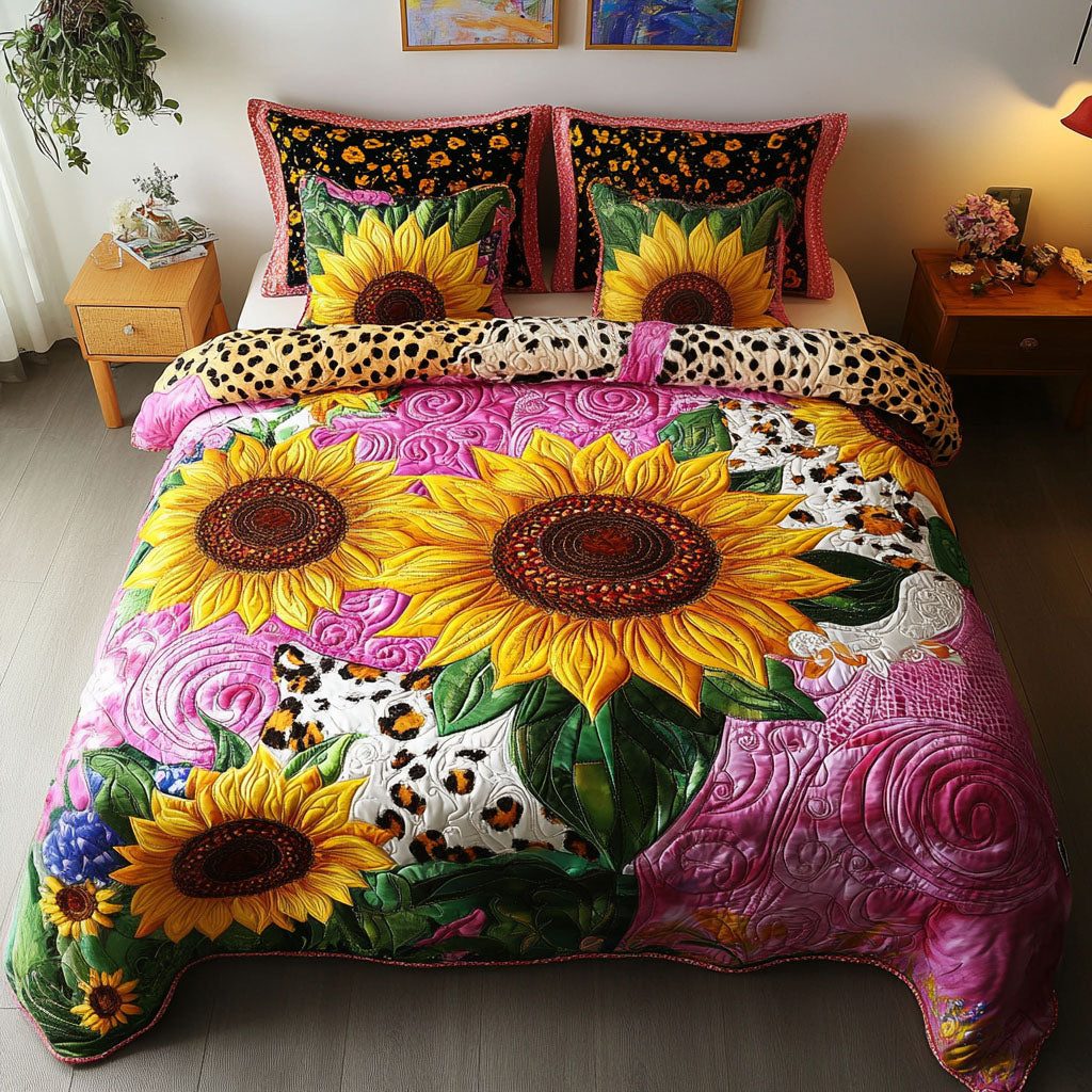 Vibrant Sunflowers quilted 3-piece bedding set on a made bed with two matching pillow shams