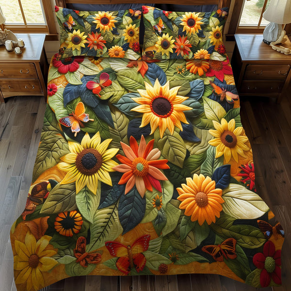 Vibrant Sunflowers quilted 3-piece bedding set on a made bed with two matching pillow shams