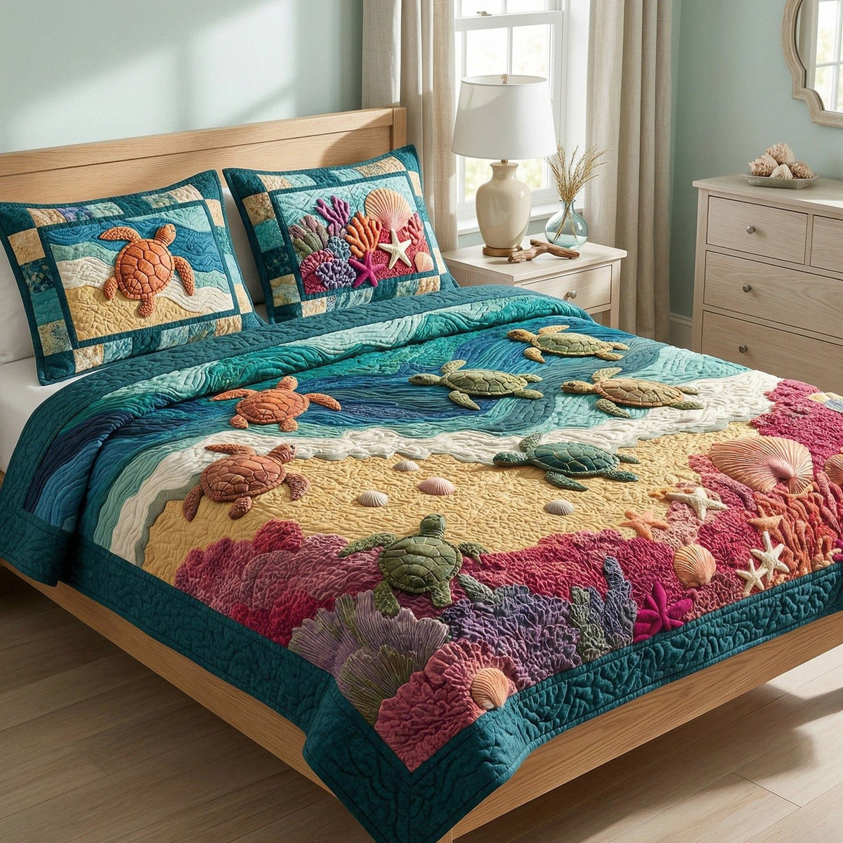 Vibrant Tide quilted 3-piece bedding set on a made bed in a light coastal bedroom